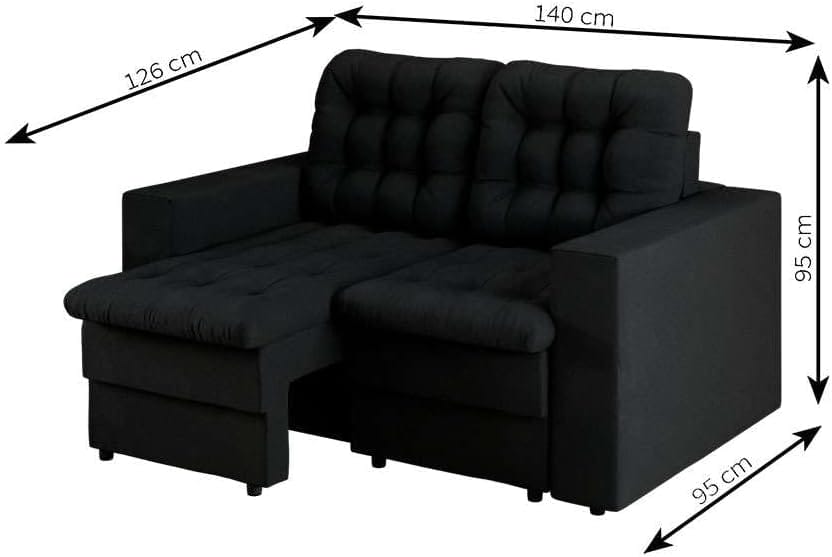 Tamanho do Sofá 2 Lugares Retrátil Lubeck Plush Suede Preto 140 cm