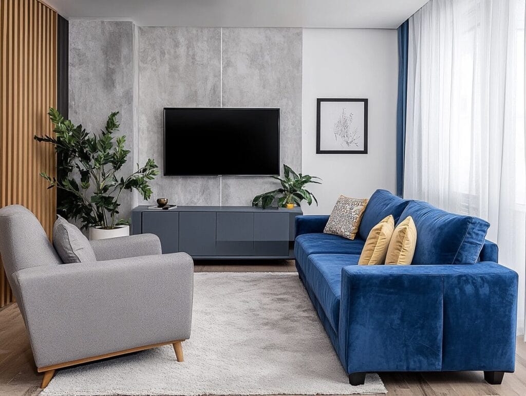 Estilo e Conforto: Dicas de como combinar sofá e poltrona (13) Sofa azul e poltrona cinza claro